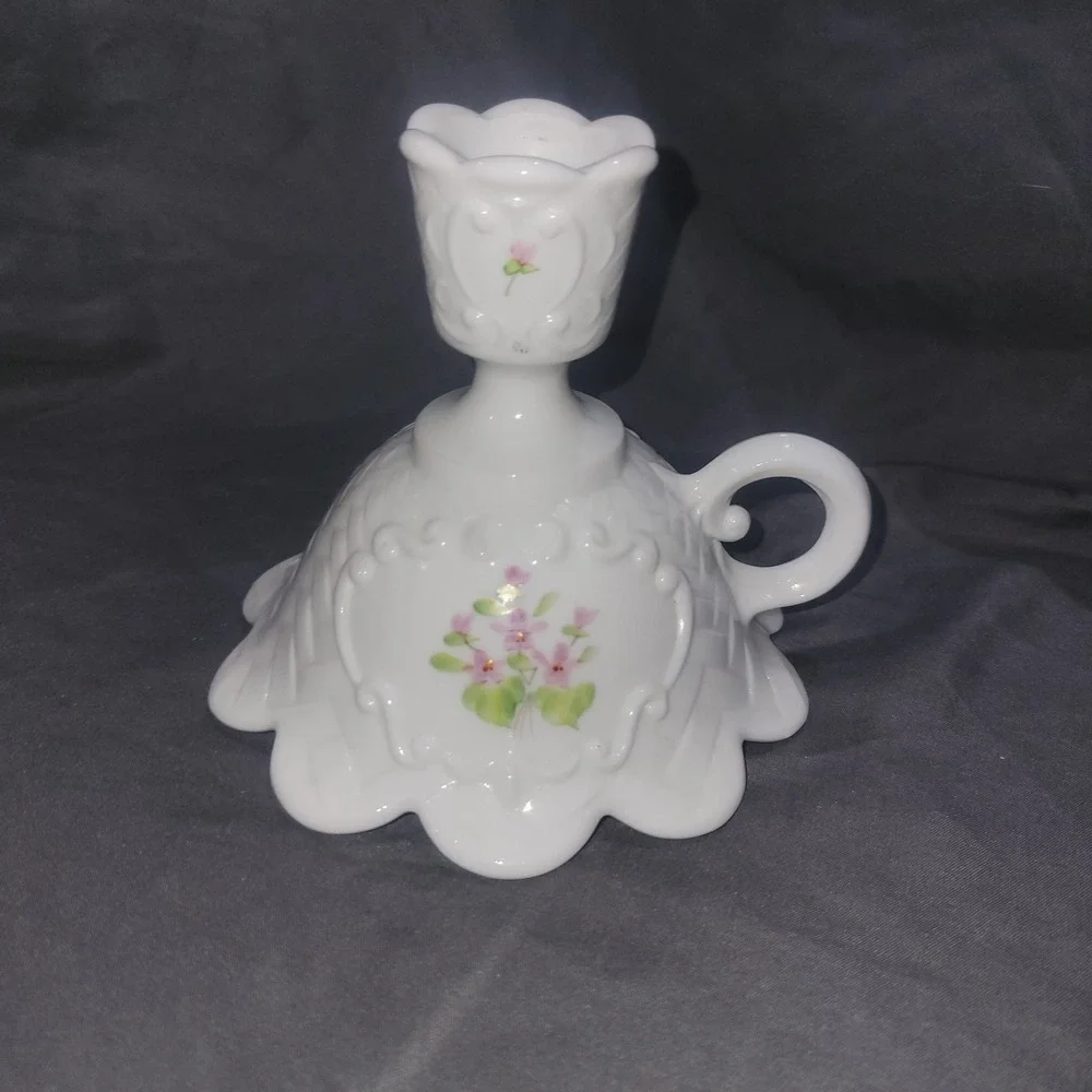 Milk Glass Finger Ring Candle Holder Hand Painted Violets Signed by Vicki F